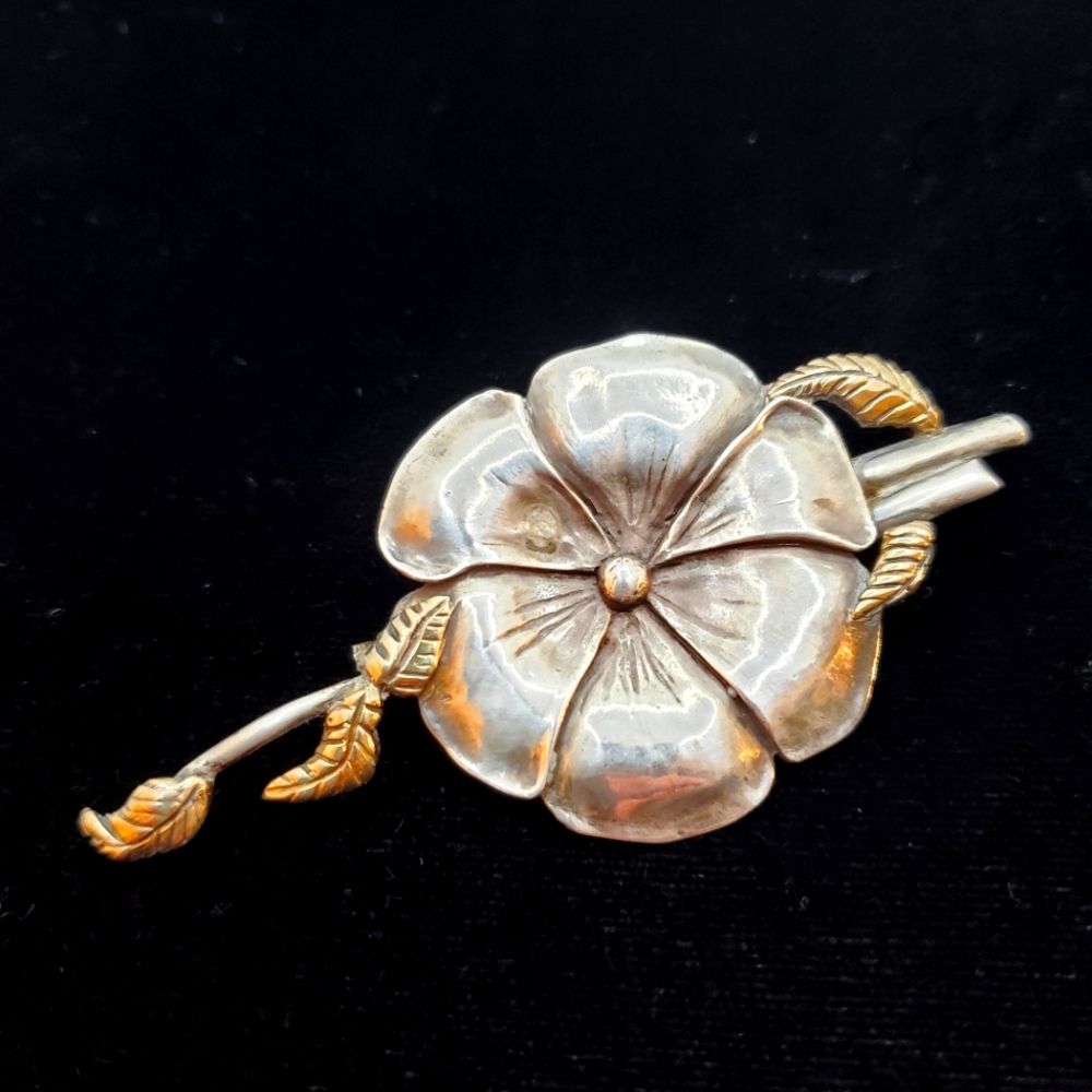 VTG Vesta Sterling 14k Pansy Flower Brooch 1950s Studio Jewelry Arts & Crafts